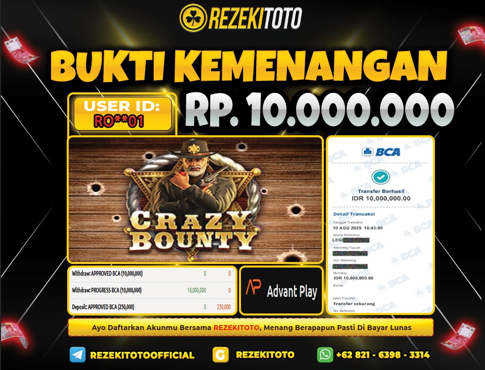 BUKTI KEMENANGAN 10 AGUSTUS 2025  CRAZY BOUNTY 10 JUTA 