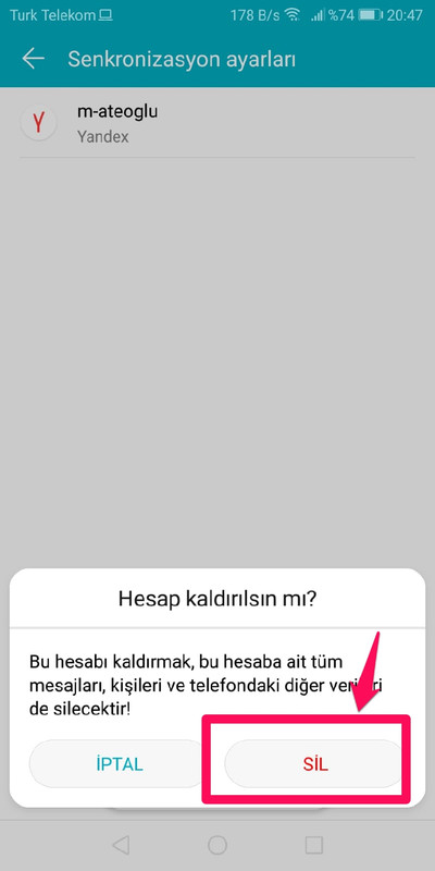 yandex hesabı kaldır