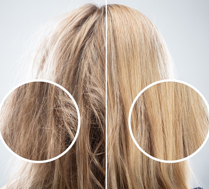 Long blonde hair before and after deep conditioning treatment