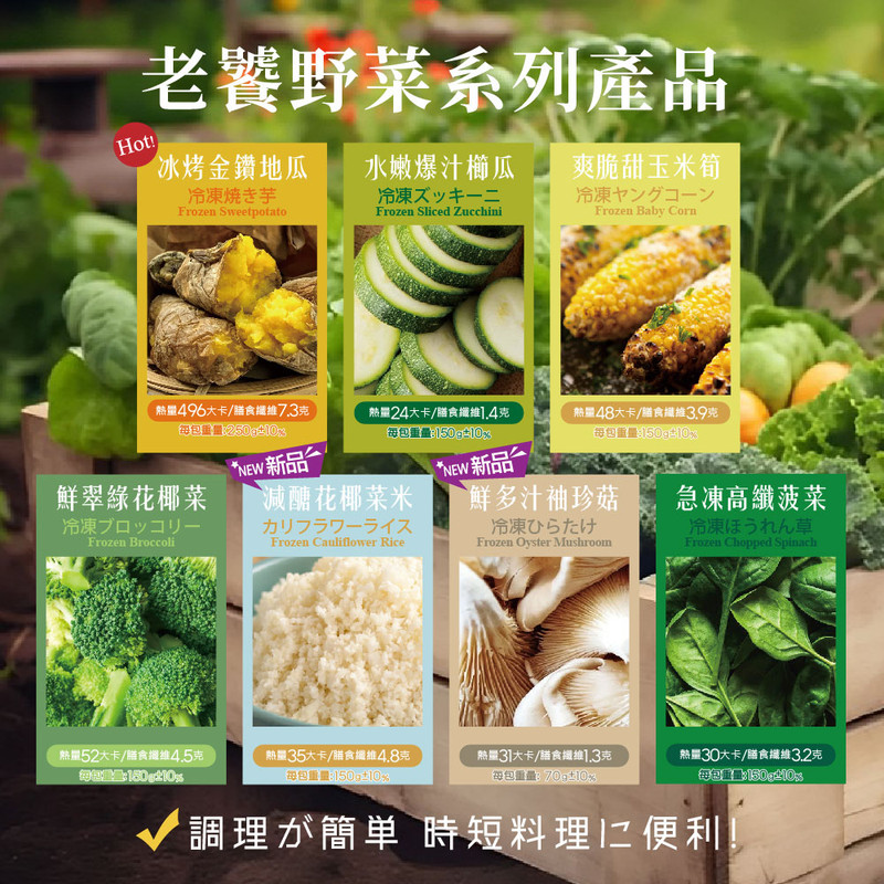 老饕廚房野菜系列產品包含冰烤金鑽地瓜、水嫩爆汁櫛瓜、爽脆甜玉米筍、鮮翠綠花椰菜、減醣花椰菜米、鮮多汁袖珍菇、急凍高纖菠菜