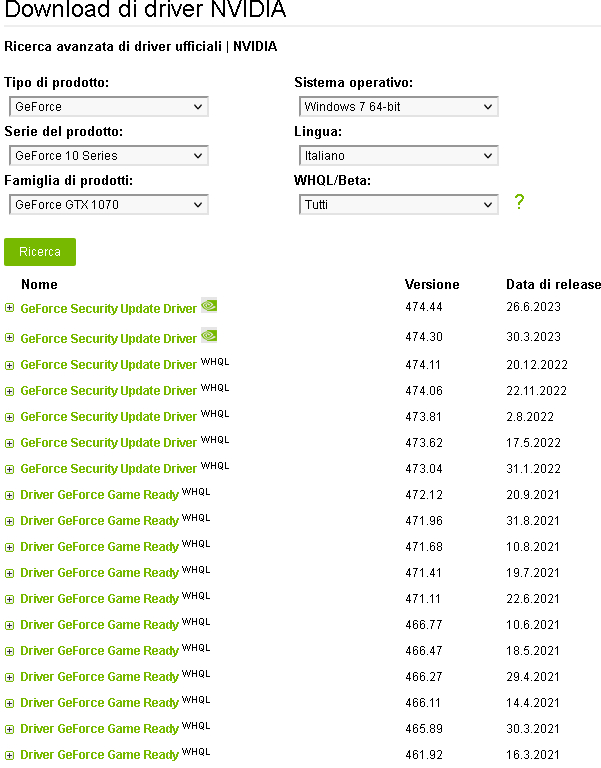 Ricerca avanzata di driver ufficiali NVIDIA