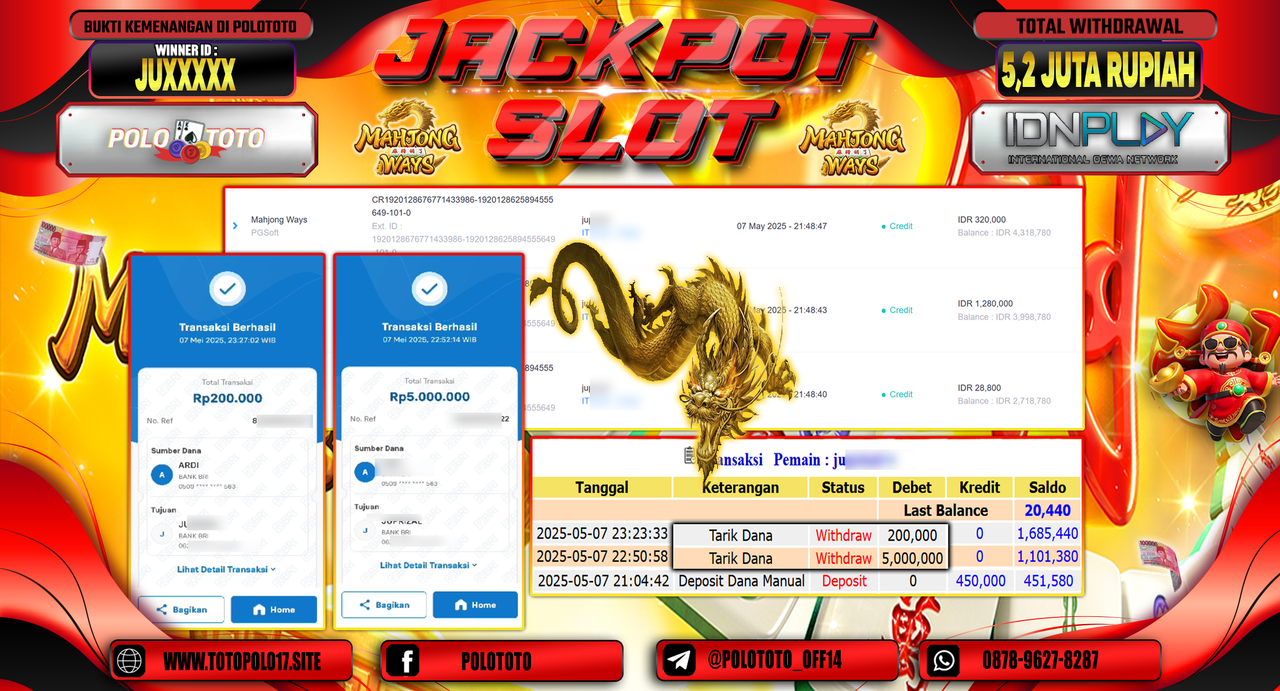 POLOTOTO JACKPOT SLOT MAHJONG WAYS Rp.5.200.000,-