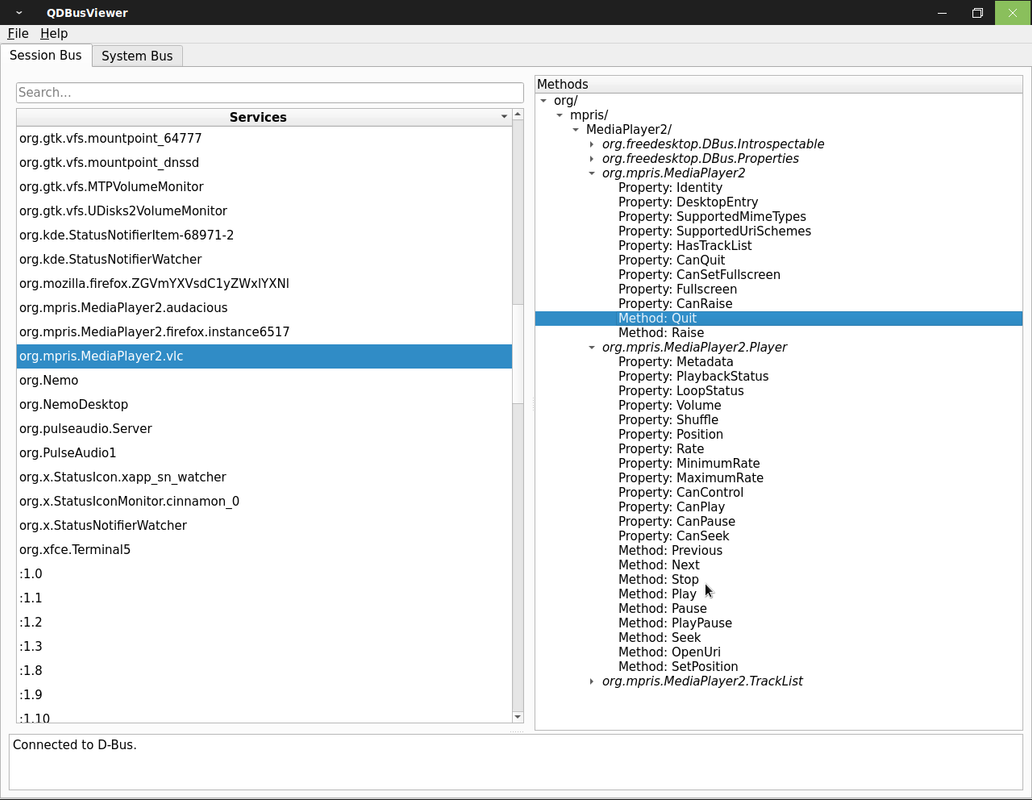 Qt D-Bus Viewer | A parancssor felépítésének logikája lekövethető a képről (a Quit kiemelve, de látszik a Stop elhelyezkedése is)