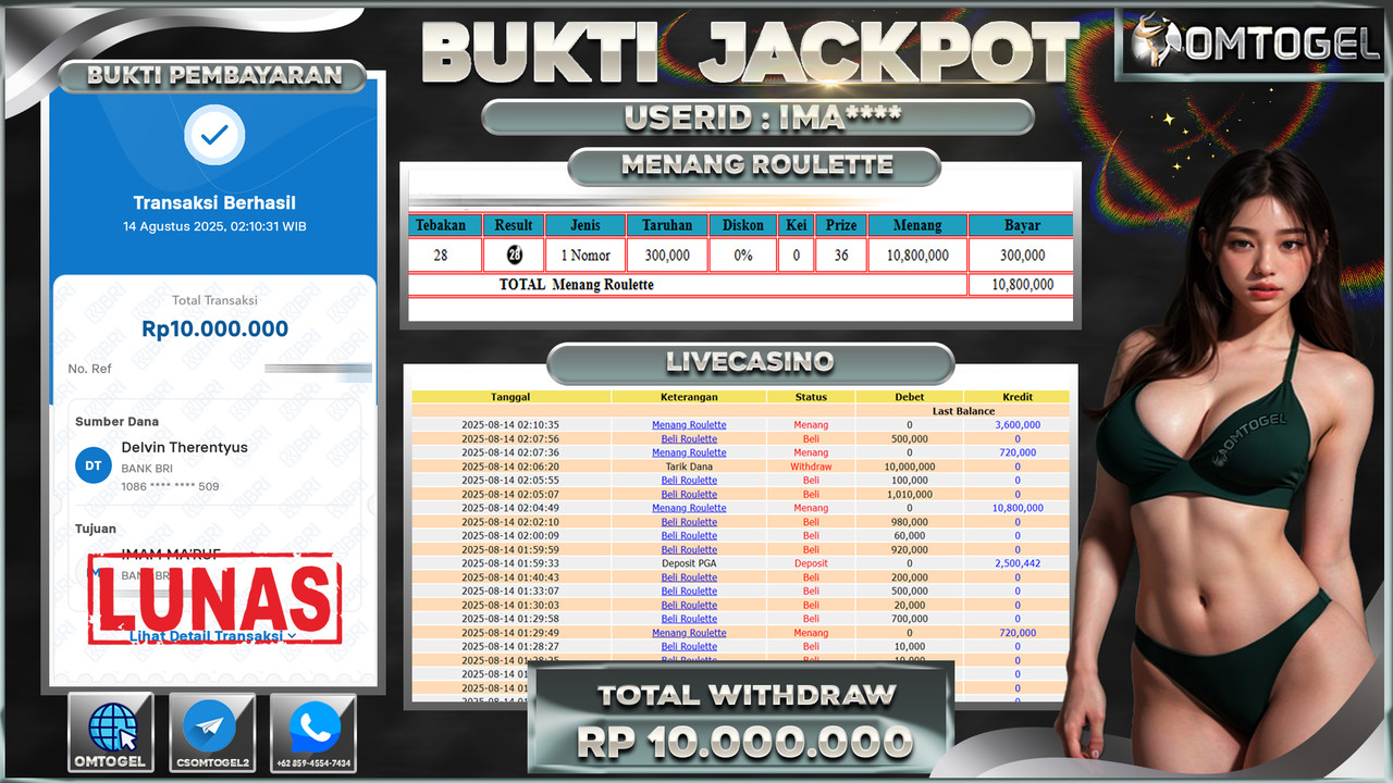 OMTOGEL JACKPOT LIVEGAMES ROULETTE 10 JUTA DI BAYAR LUNAS ,-