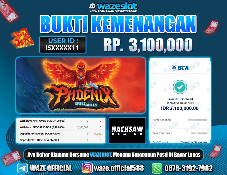 BUKTI KEMENANGAN 1 AGUSTUS 2025 GAME  PHOENIX DUEL REELS ( HACKSAW GAMING )