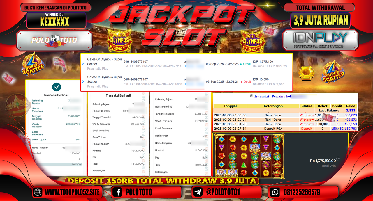 POLOTOTO JACKPOT SLOT GATES OF OLYMPUS SUPER SCATTER Rp.3.900.000,-