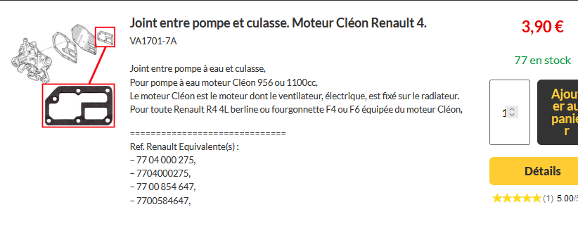 joint pompe a eau culasse cleon