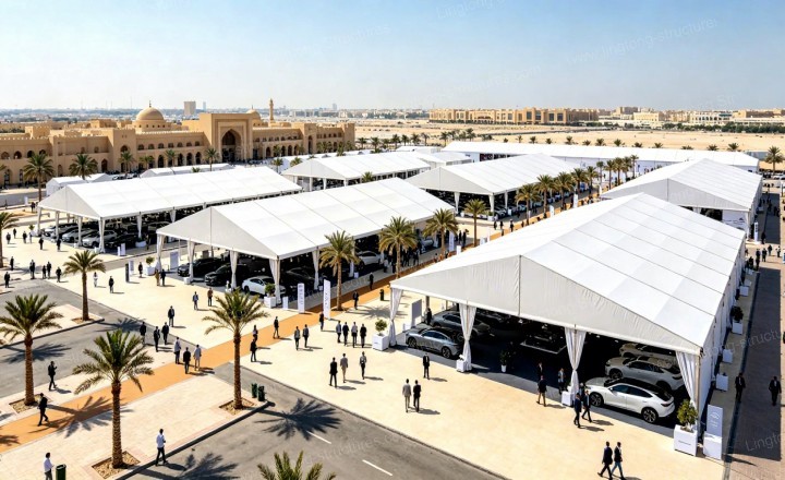 Rapid installation process of commercial event tent for motor show