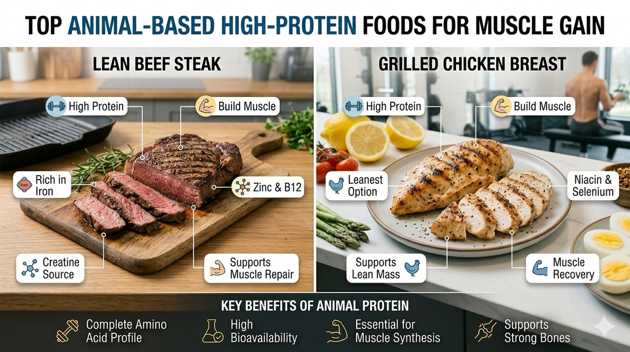 Collage showing lean beef steak and grilled chicken breast, top animal-based high-protein foods for muscle gain