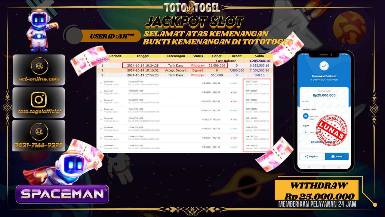Bukti Kemenangan Permainan Jackpot Slot Spaceman ID : AJI*** Terbayar Lunas!!