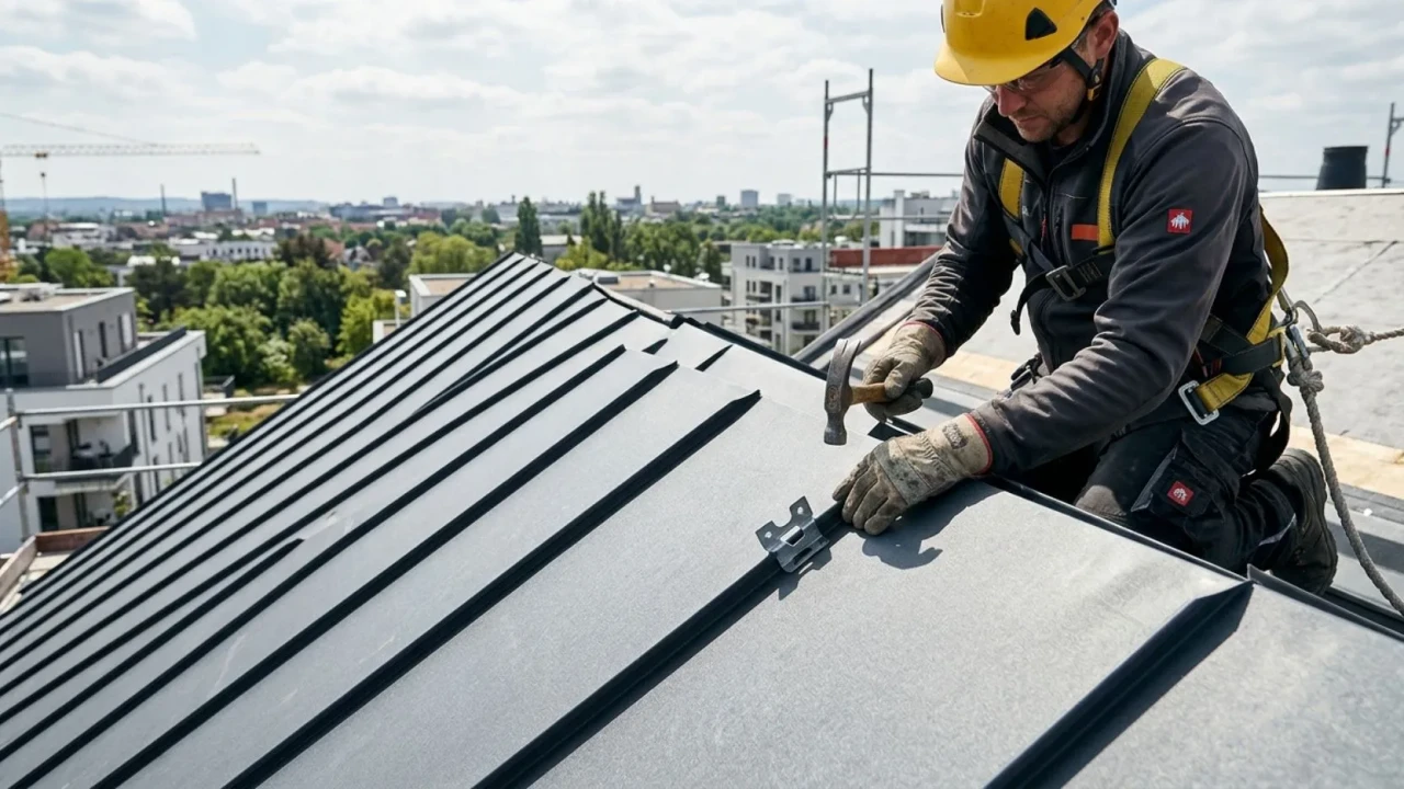 Standing seam zinc roof installation showing concealed clip fastening system
