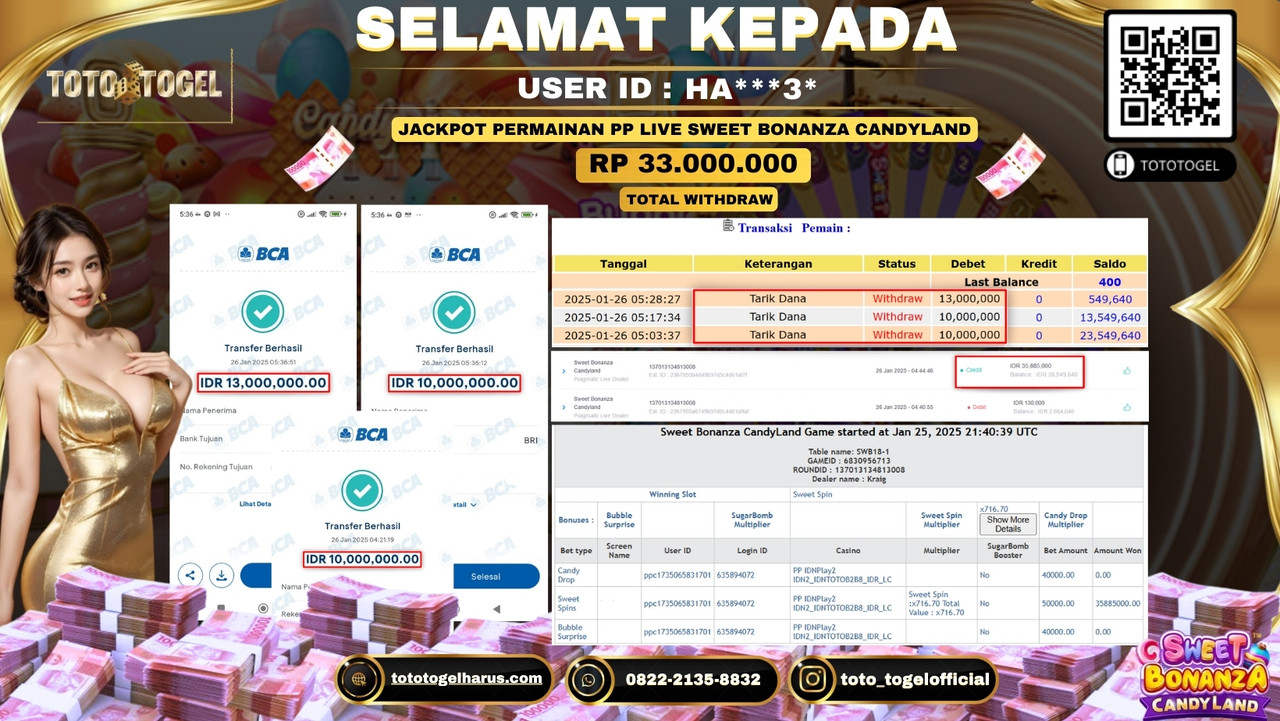 Bukti Pembayaran Jackpot  Permainan Pp Live Sweet Bonanza Candyland  ID:HA***3*  LUNAS