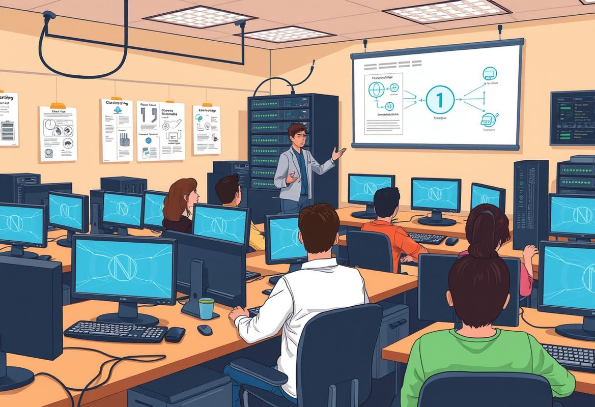 Siswa jurusan TKJ sedang belajar di depan laptop dengan ikon teknologi jaringan dan komputer di sekelilingnya. - ulin00