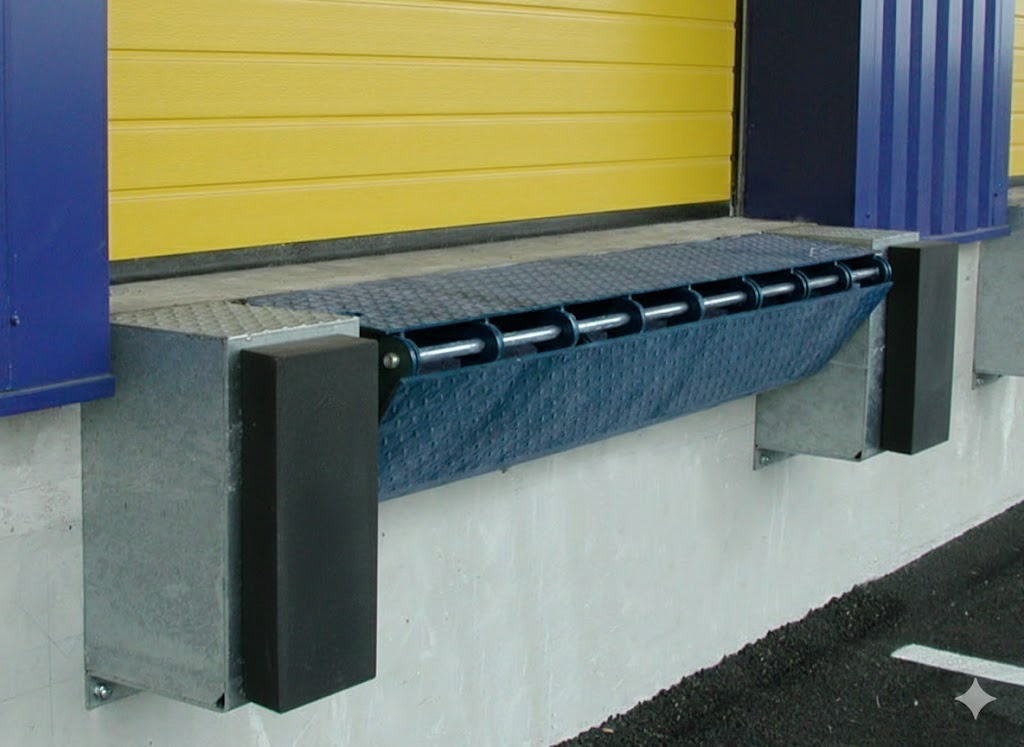 Mini-niveleur de quai bleu installé sur un quai de chargement