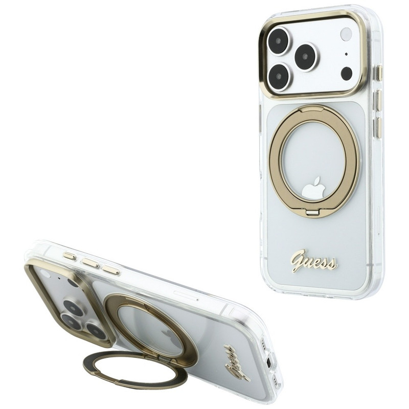 Husa pentru iPhone 18 Pro Max / iPhone 17 Pro Max Guess Ring Stand Script Metal Logo MagSafe, Incarcare wireless, Protectie ridicata, Calitate premium, Transparent imageye 3326347