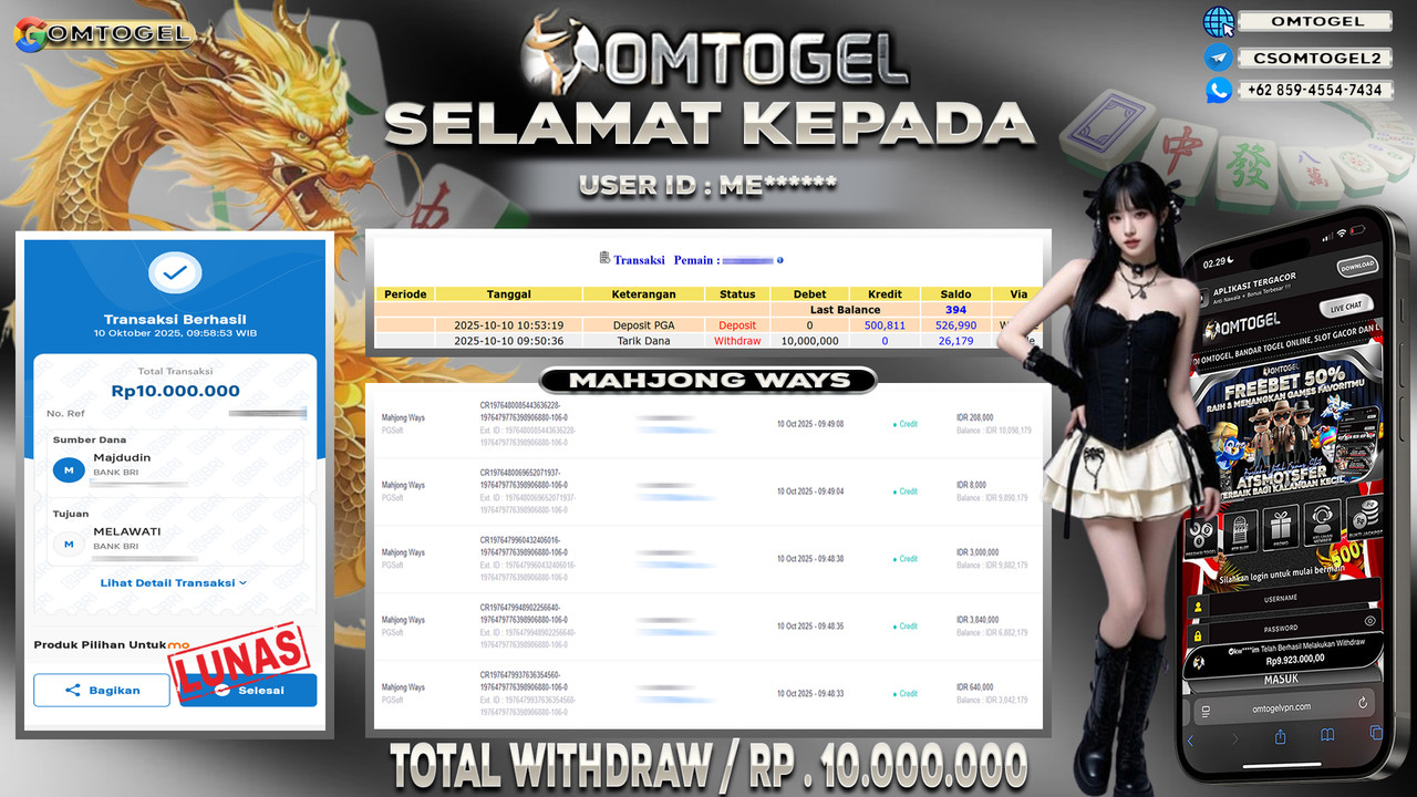OMTOGEL JACKPOT PGSOFT MAHJONG WAYS 10 JUTA DI BAYAR LUNAS ,-