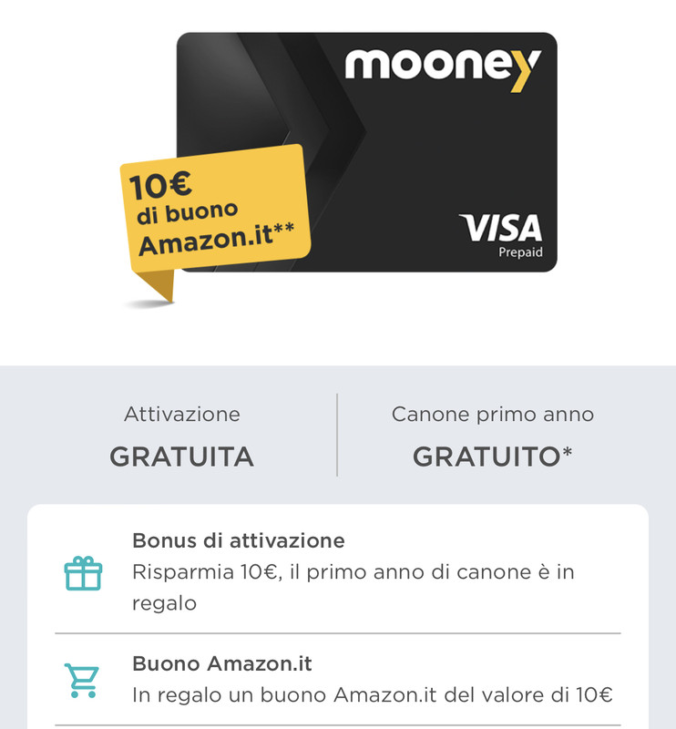 Mooney: Buono Amazon 10€, attivazione gratuita e canone zero per il 1 anno  scad 31/12