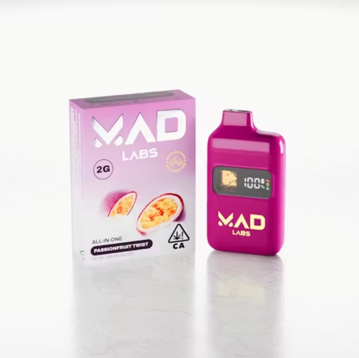 Mad Labs 2G Vapes THC disposable vape pen with strong potency, smooth airflow, and strain-specific flavors like Z Skittles, Blushcotti, Kushlato, Fruity Cereal, Strawberry Cheesecake, and Grapefruit Zlushie.