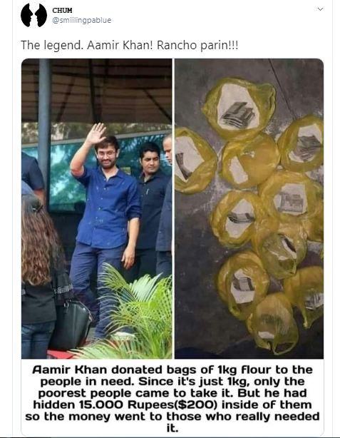 Cuitan yang menyebut aksi Aamir Khan menyelipkan uang jutaan di dalam sumbangan tepung