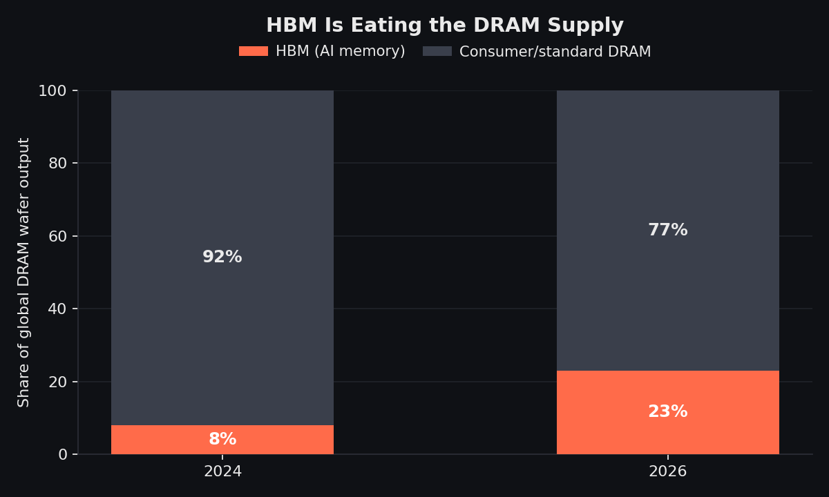 HBM share of global DRAM wafer output, 2024 vs 2026