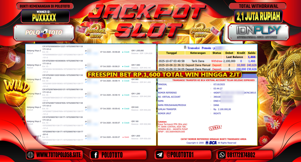 POLOTOTO JACKPOT SLOT MAHJONG WAYS 2 Rp.2.100.000,- LUNAS