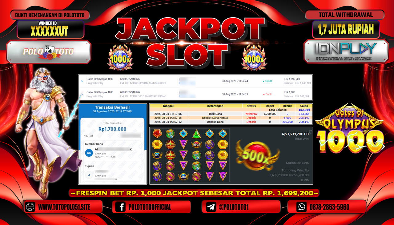 POLOTOTO JACKPOT SLOT GATES OF OLYMPUS 1000 Rp.1.700.000,-LUNAS