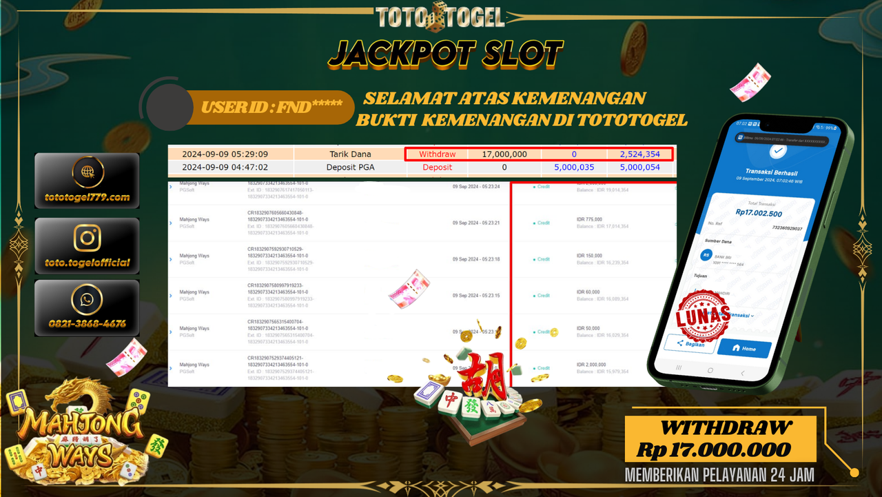 Bukti Kemenangan Permainan Slot Mahjong Ways Dengan ID : FND**** Terbayar Lunas!!