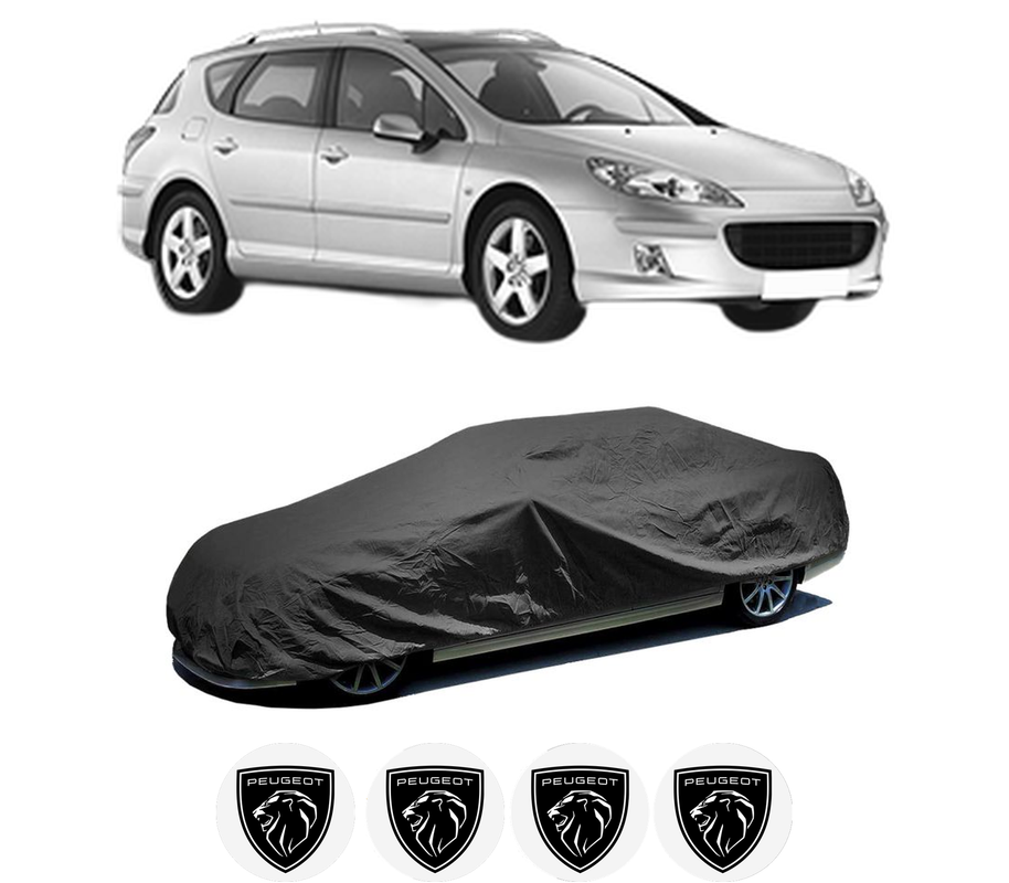 Husa tip prelata auto pentru PEUGEOT 407 SW (6E_, 6D_) din 2004-2010, Culoare Negru, material textil impermeabil, rezistanta la intemperii praf UV, CARPASSION Husa Protectie, 4 Stickere auto cu PEUGEOT