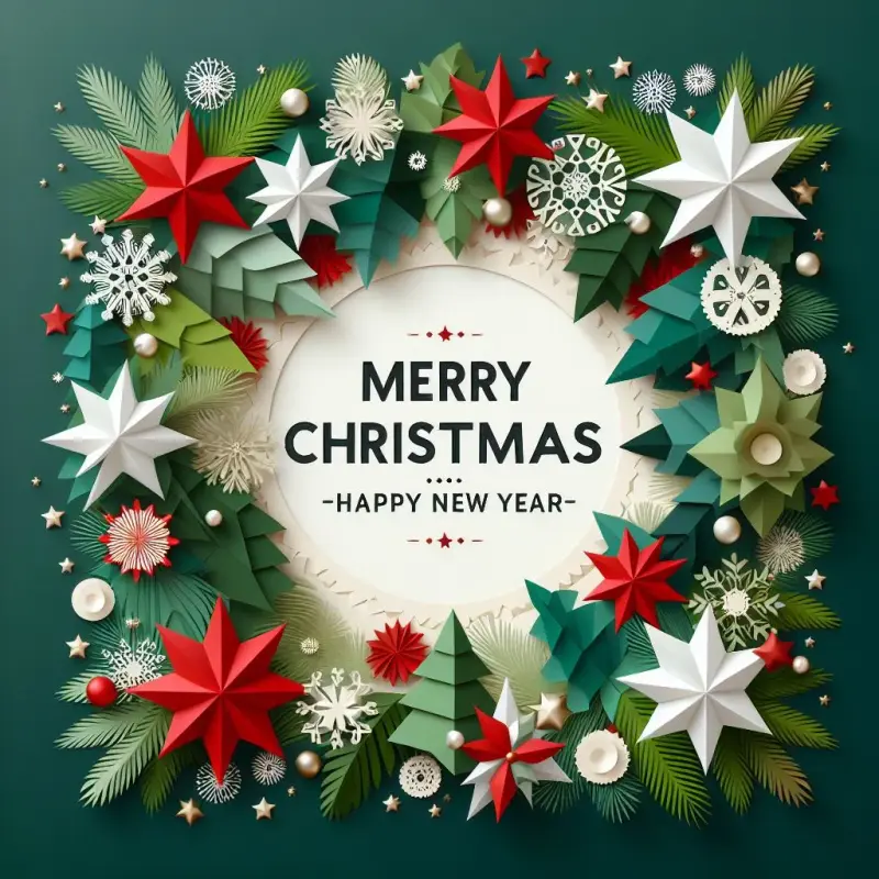Merry Christmas Happy New Year greeting card Vector holiday frame with paper stars and snowflakes in green, red, white colors. Merry Christmas, Happy New Year greeting card. Material design for banner, flyer, poster