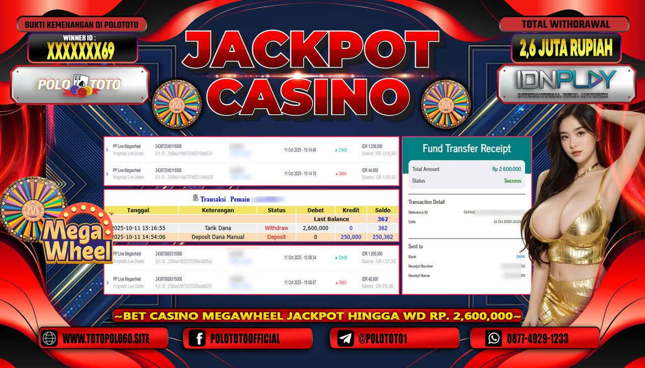 POLOTOTO JACKPOT CASINO PP LIVE MEGAWHEEL  Rp.2.600.000,- LUNAS
