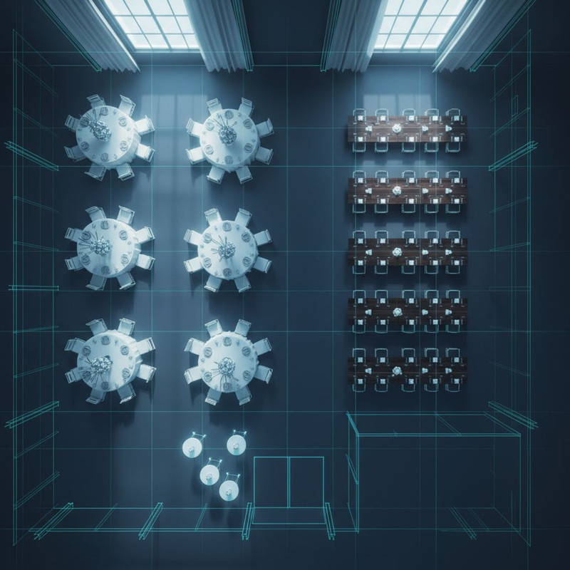 Схема рассадки гостей в банкетном зале с использованием круглых и прямоугольных столов для оптимизации пространства мероприятия.