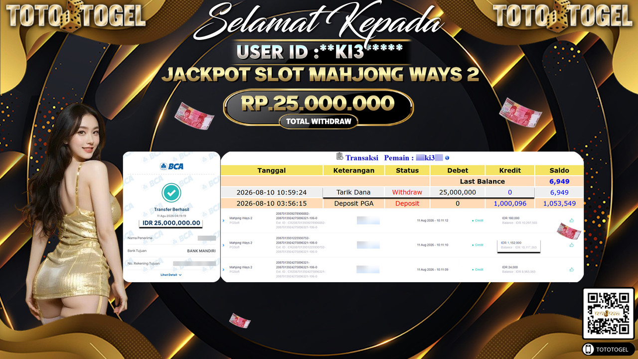 Bukti Pembayaran Jackpot Slot Mahjong Ways 2 ID:**KI3***LUNAS