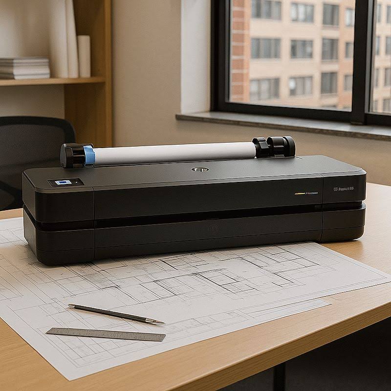 Plotter HP DesignJet T250 em um home office moderno