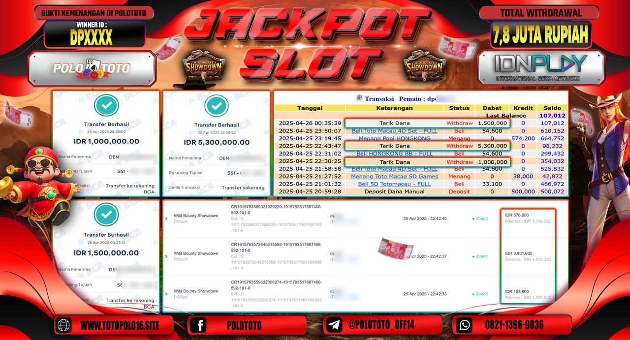 POLOTOTO JACKPOT SLOT WILD BOUNTY SHOWDOWN Rp.7.800.000,-