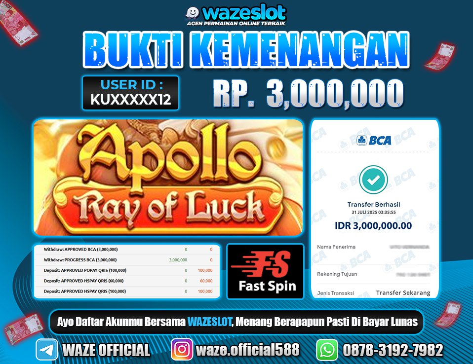 BUKTI KEMENANGAN 31 JULI 2025 GAME APOLLO RAY OF LUCK ( FAST SPIN )