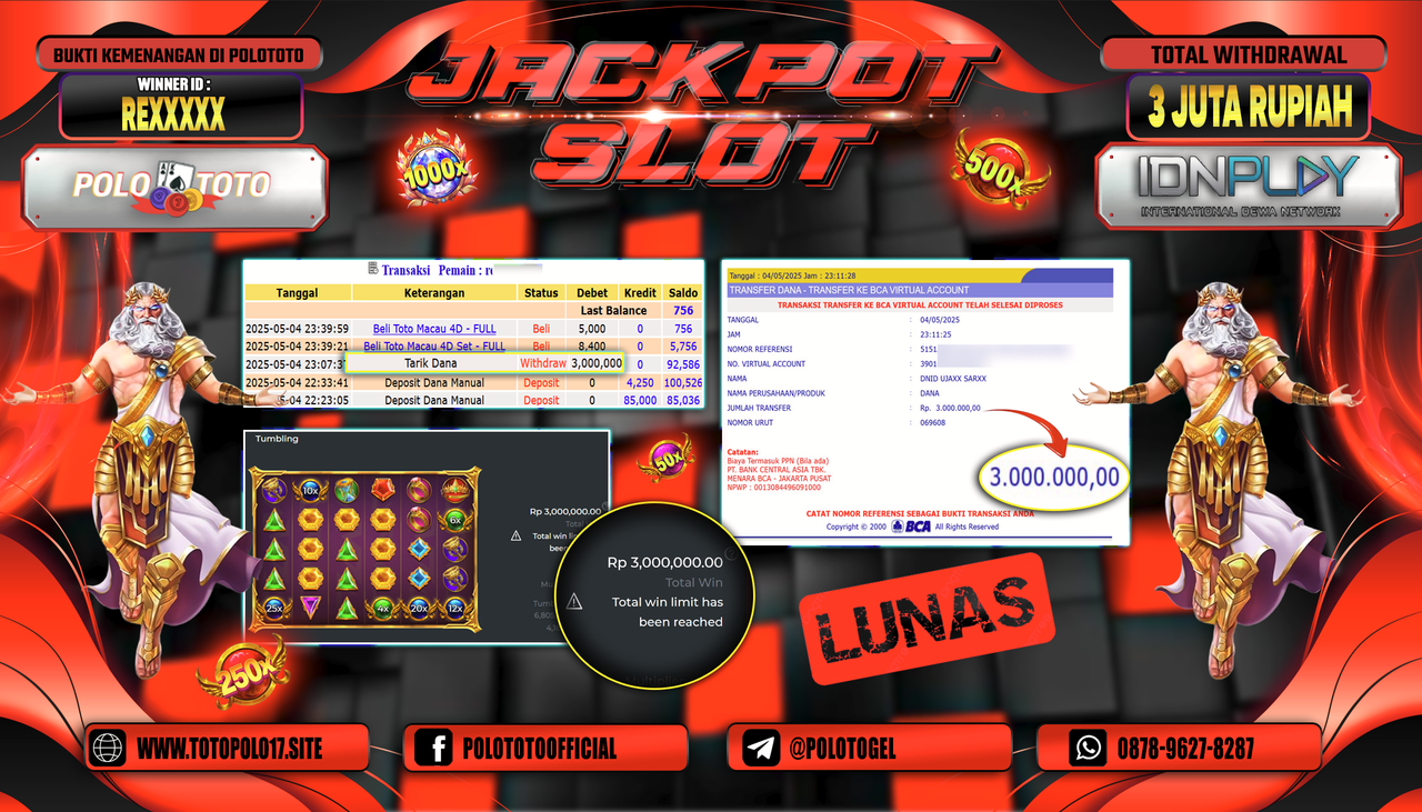 POLOTOTO JACKPOT SLOT GATES OF OLYMPUS 1000 Rp.3.000.000,-