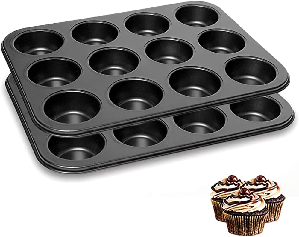 2-Pack 12-Cup Muffin Pans Non-Stick Carbon Steel Cupcake Baking Tin Tray Black