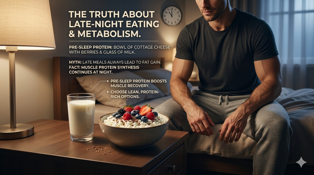 Bowl of cottage cheese with berries and glass of milk for pre-sleep protein for truth about late-night eating and metabolism