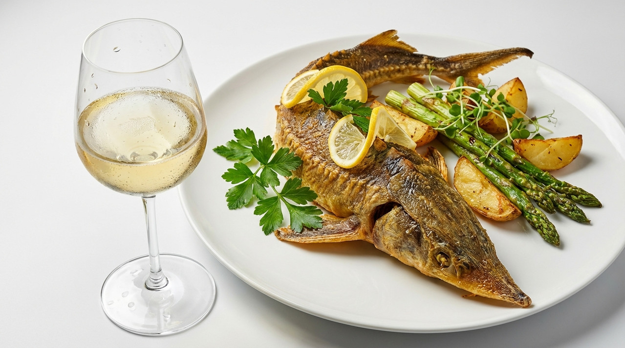 Стерлядь с бокалом белого вина и гарниром