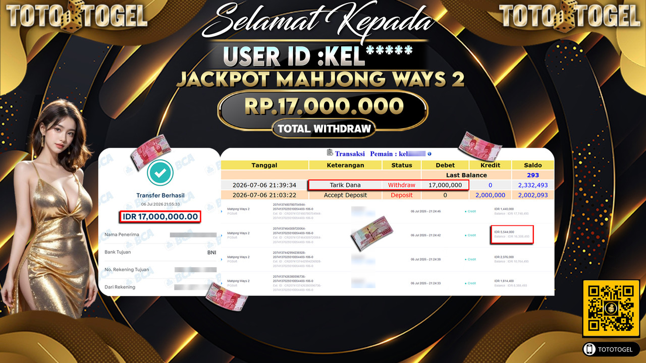 Bukti Pembayaran Jackpot Permainan Slot Mahjong Ways 2 ID:KEL*****LUNAS