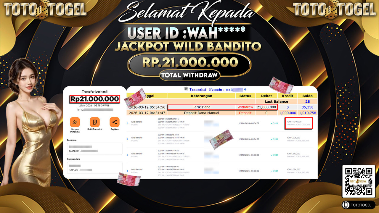 Bukti Pembayaran Jackpot Permainan Slot Wild Bandito ID:WAH*****LUNAS