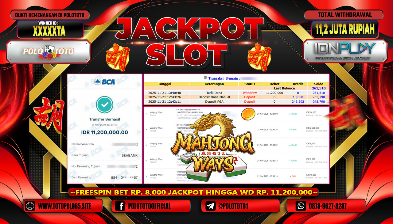 POLOTOTO JACKPOT SLOT MAHJONG WAYS Rp.11.200.000,- LUNAS