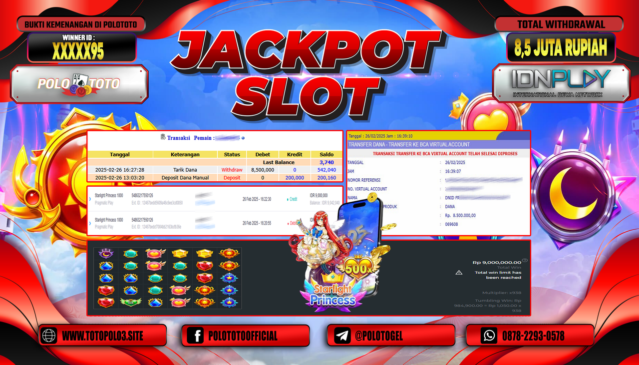 POLOTOTO JACKPOT SLOT STARLIGHT PRINCESS 1000 Rp.8.500.000,-