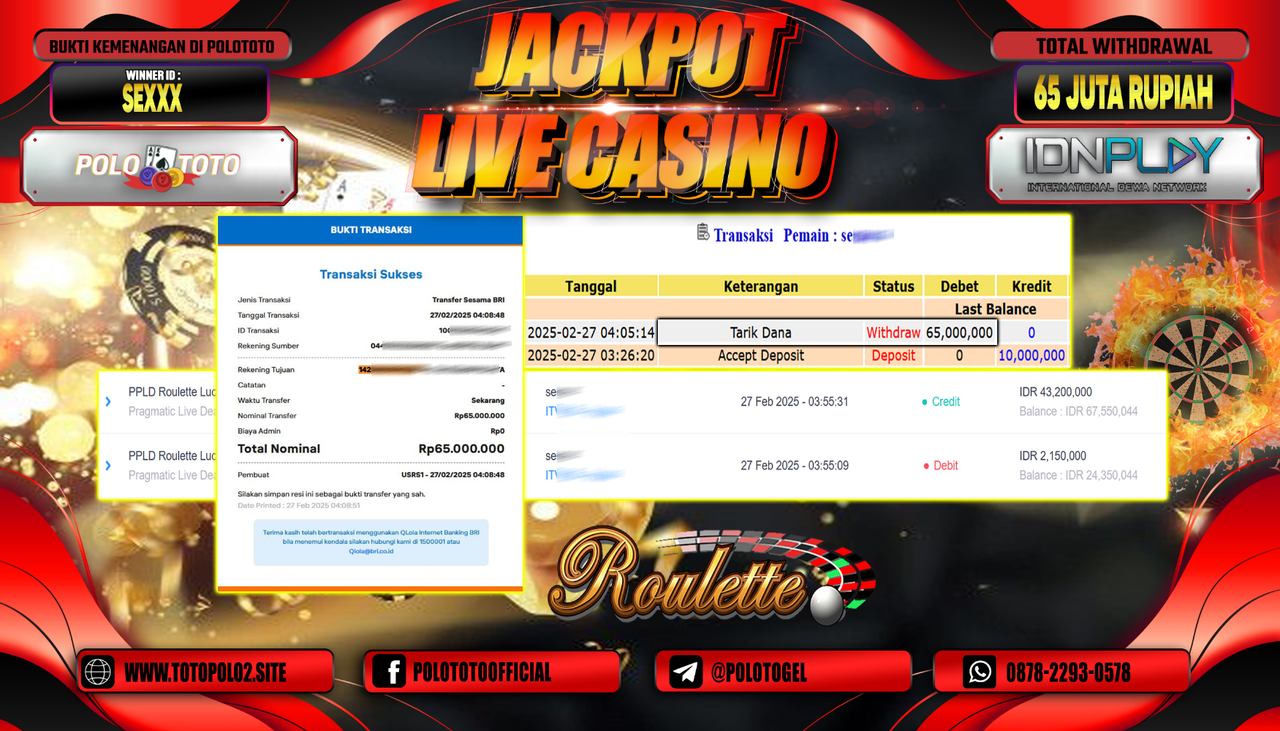 POLOTOTO JACKPOT LIVE CASINO PPLD ROULETTE LUCKY 6 Rp.75.000.000,-
