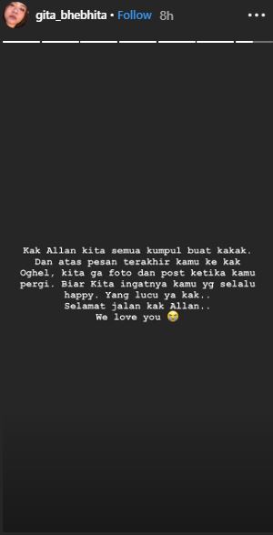 Unggahan Gita Butar Butar tentang kematian Allan Wangsa.
