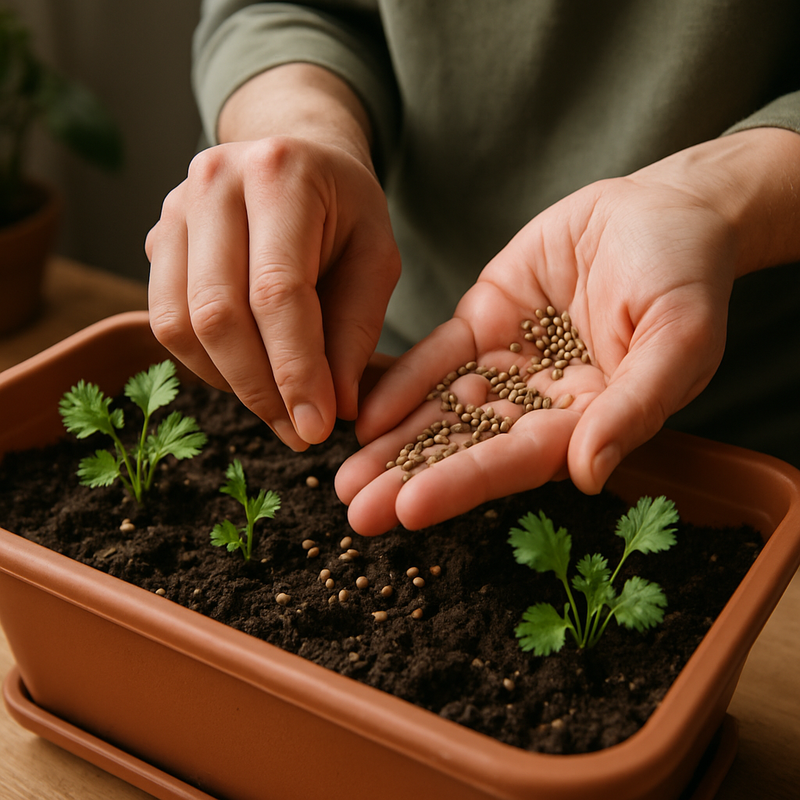 Mãos plantando coentro em um pequeno vaso, com ferramentas de jardinagem e terra fértil