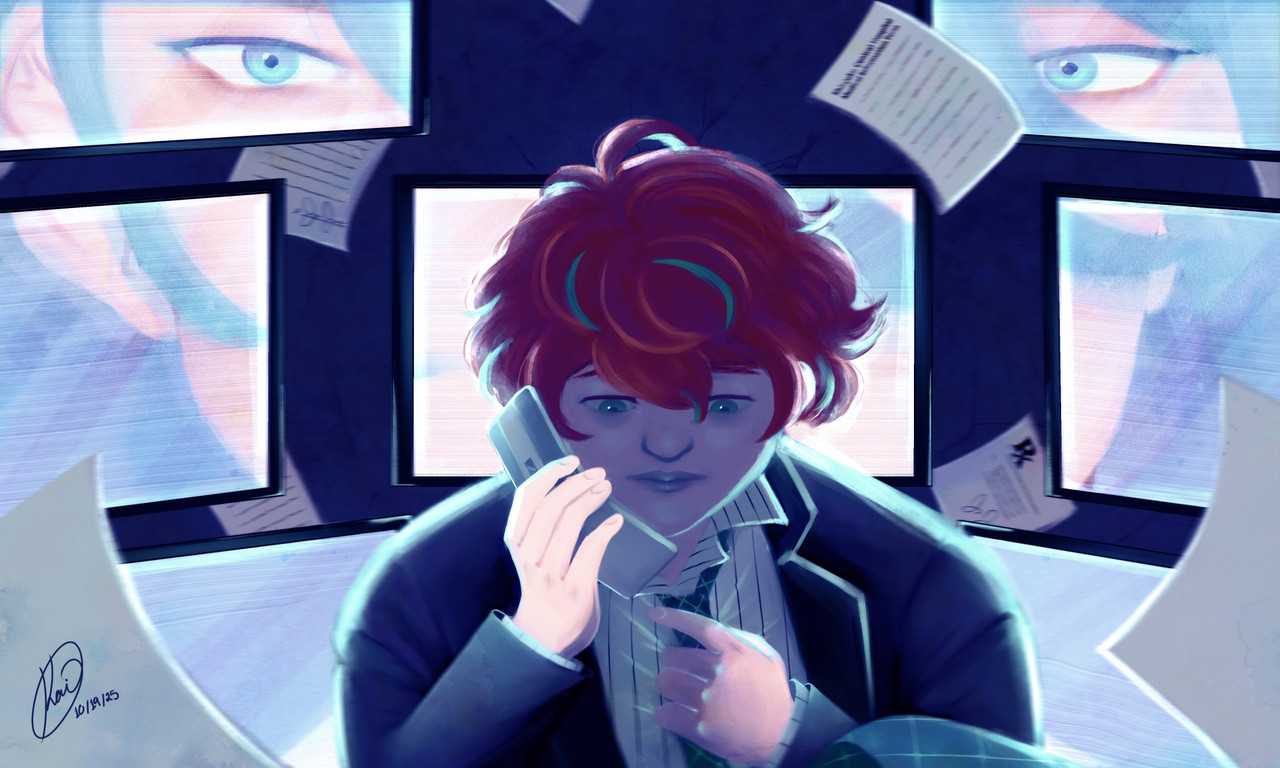 An illustration of Jinguji Jakurai/Kannonzaka Doppo (Hypnosis Mic). Doppo stands at the forefront of the illustration, clutching his chest--his heart--and his mic to his ear. On his face is a somber expression, unsure and doubtful. His speakers surround him, each displaying a part of Jakurai's face. When the image comes together, it's as if Jakurai is gazing at him. Papers fly around, various paperwork and prescriptions that remind him of Jakurai.