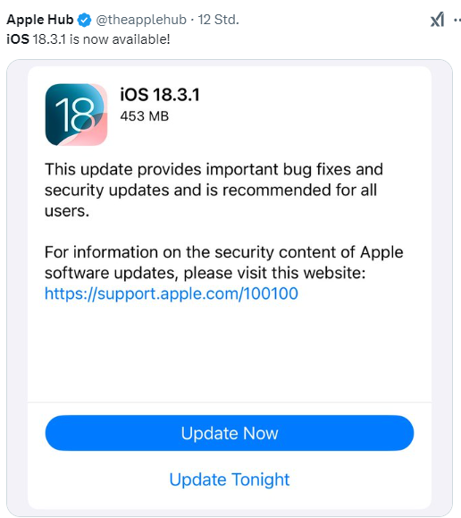 Apple iOS 18.3.1 Update