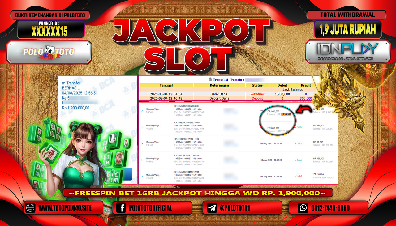 POLOTOTO JACKPOT SLOT MAHJONG WAYS Rp.1.900.000,-LUNAS