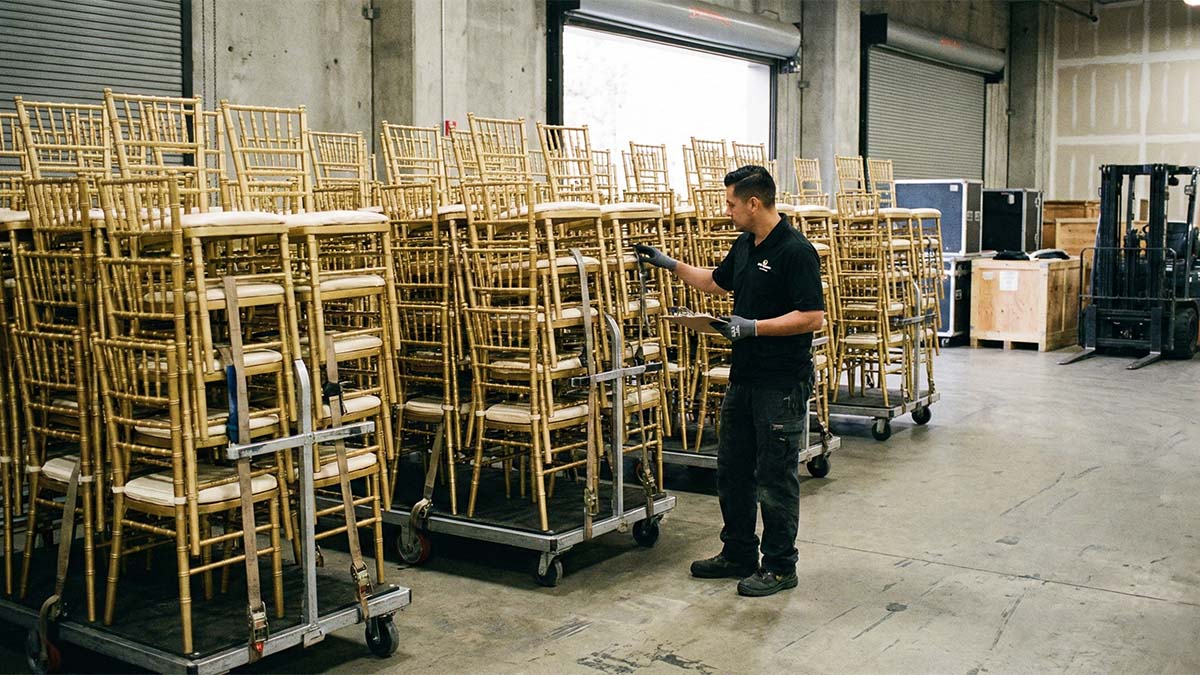 Аккуратные стопки золотых стульев на специальных транспортировочных тележках на складе.